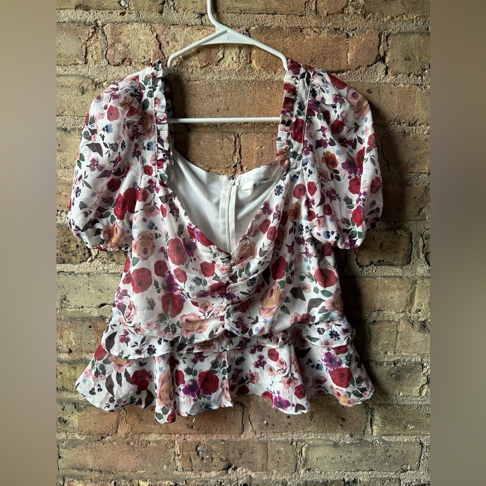 Essue Floral Ruffle Blouse - White and Red